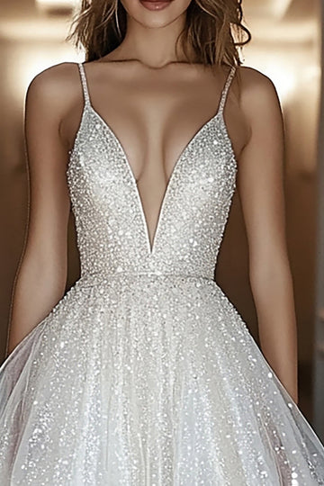 Sparkly Ivory Sequins Deep V Neck A Line Short Graduation Dress